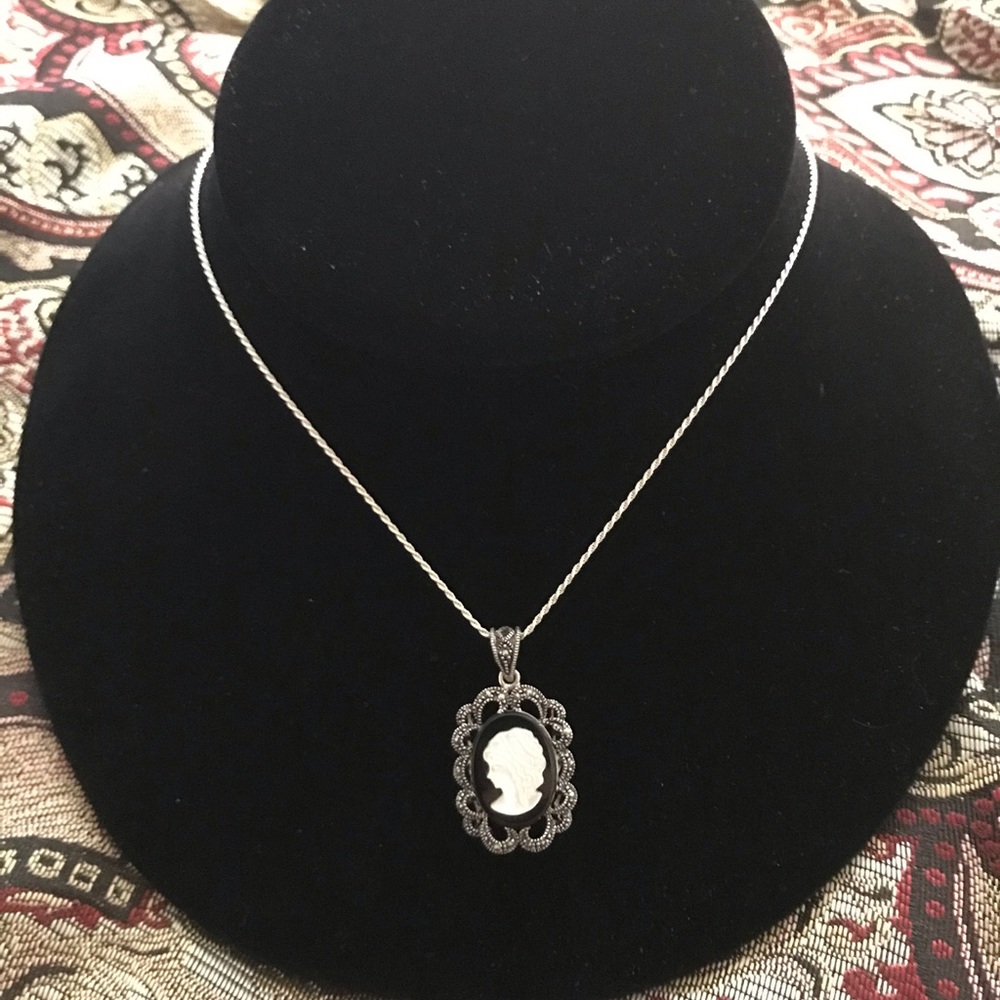 Sterling Mother of Pearl Onyx Cameo Pendant